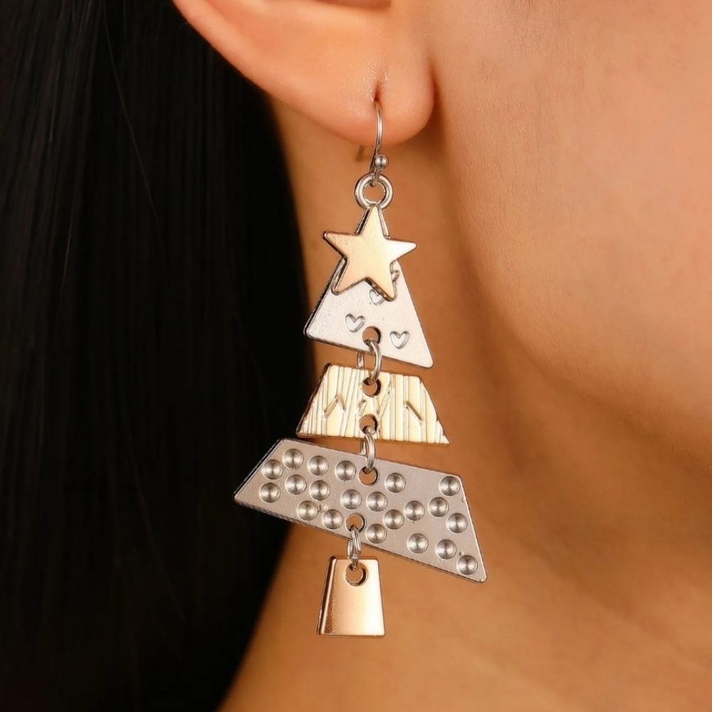 2/$20 Hammered Gold, Silver, Copper Tone Metal Christmas Tree Dangle Earrings